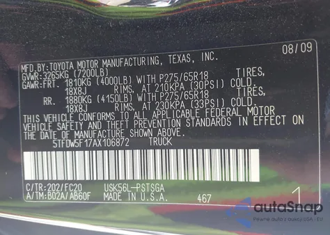 2010 Toyota Tundra Grade 5.7L V8 from USA, damaged, VIN 5TFDW5F17AX106872